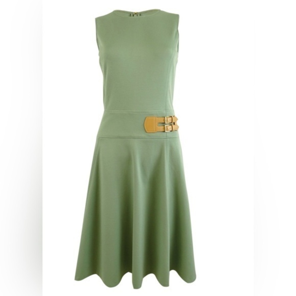 Lauren Ralph Lauren Green Dress Size 4 Black Label Buckle-Trim Sleeveless Ponte